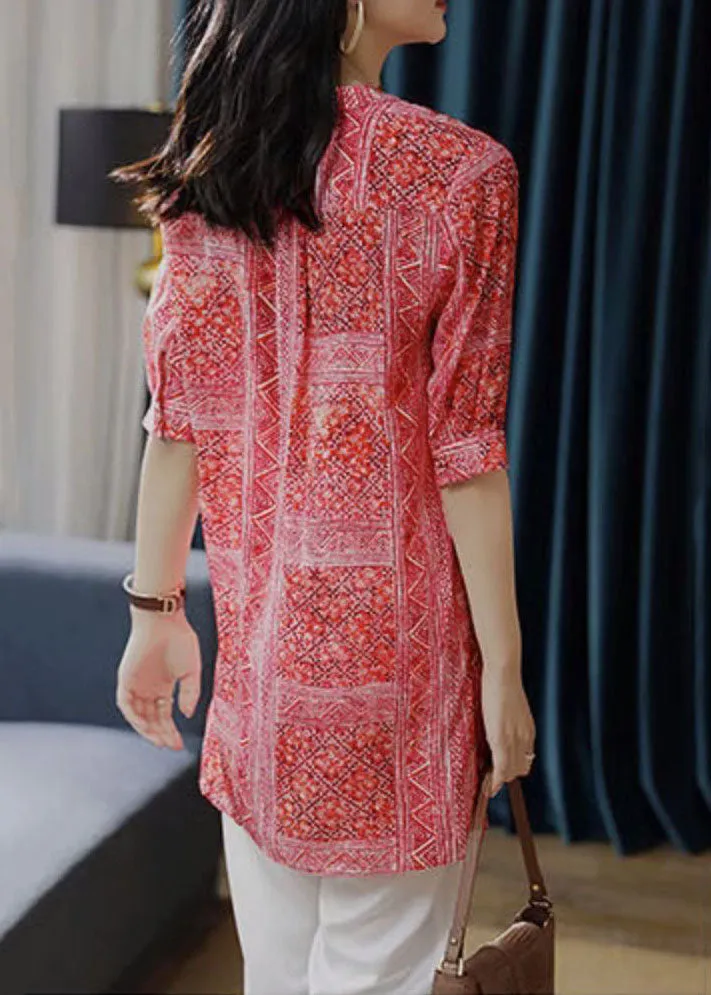 French Red V Neck Print Asymmetrical Design Patchwork Chiffon Shirts Top Summer TP1007