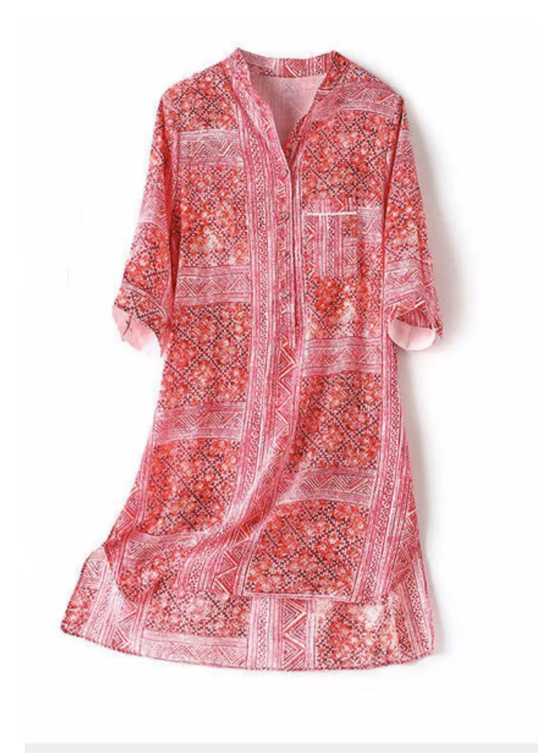 French Red V Neck Print Asymmetrical Design Patchwork Chiffon Shirts Top Summer TP1007