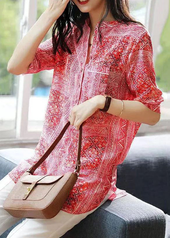 French Red V Neck Print Asymmetrical Design Patchwork Chiffon Shirts Top Summer TP1007