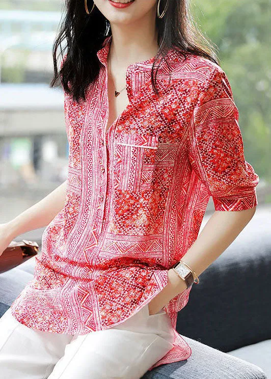 French Red V Neck Print Asymmetrical Design Patchwork Chiffon Shirts Top Summer TP1007