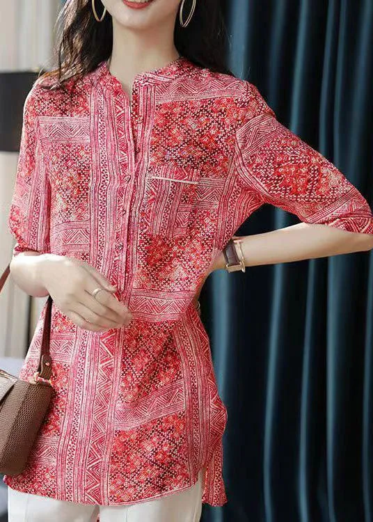 French Red V Neck Print Asymmetrical Design Patchwork Chiffon Shirts Top Summer TP1007