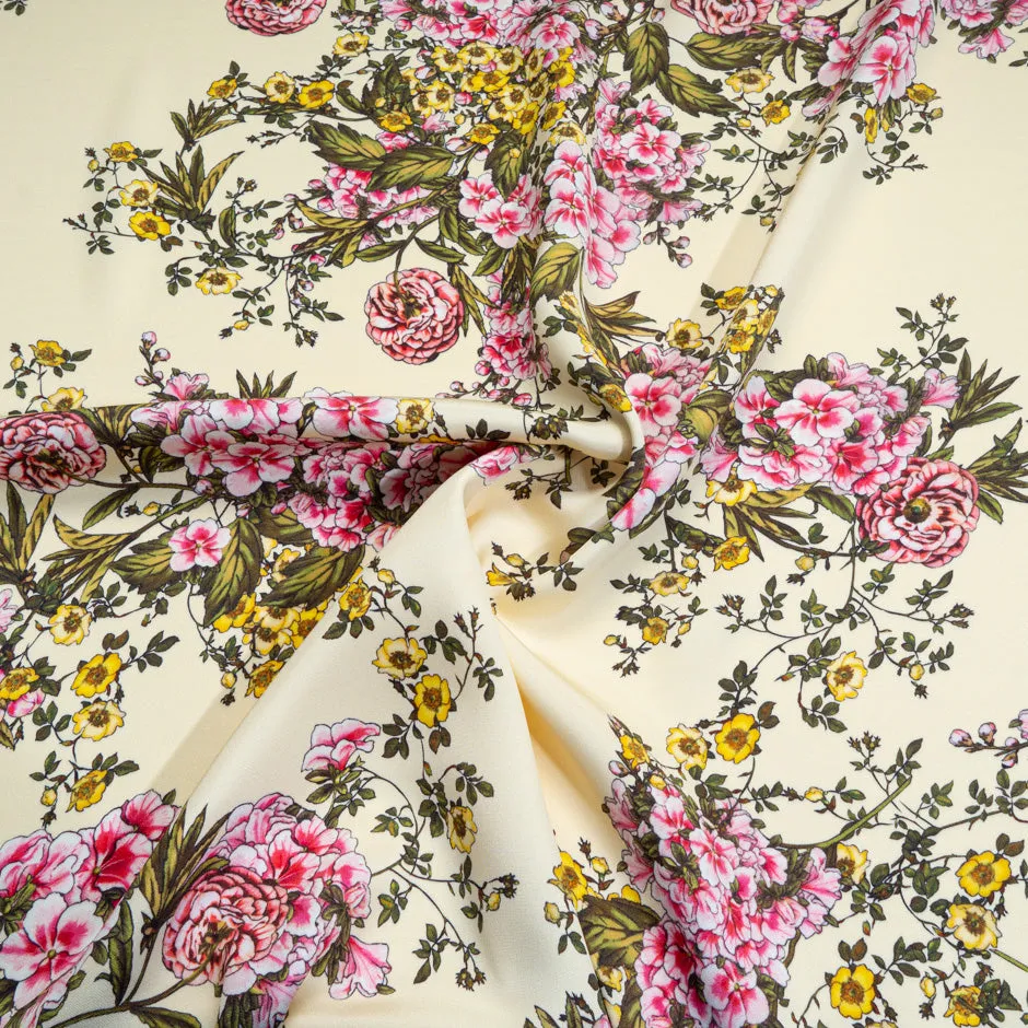 Fuchsia Pink Floral Printed Cream Silk Marocain Crêpe