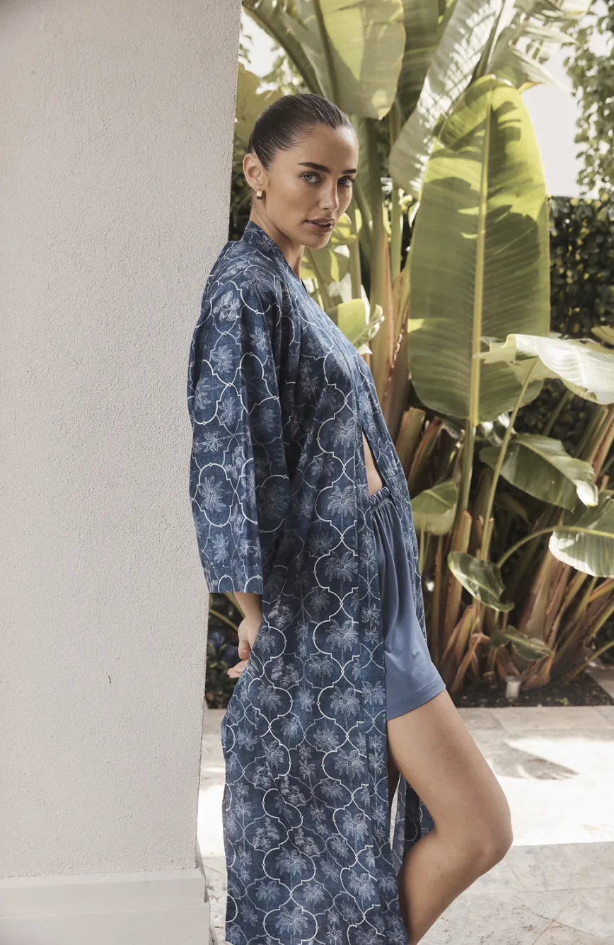 Gingerlilly - Blue Palm Print Cotton Robe