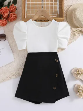 Girls Chic Puff-Sleeve Top and Button Skirt Set