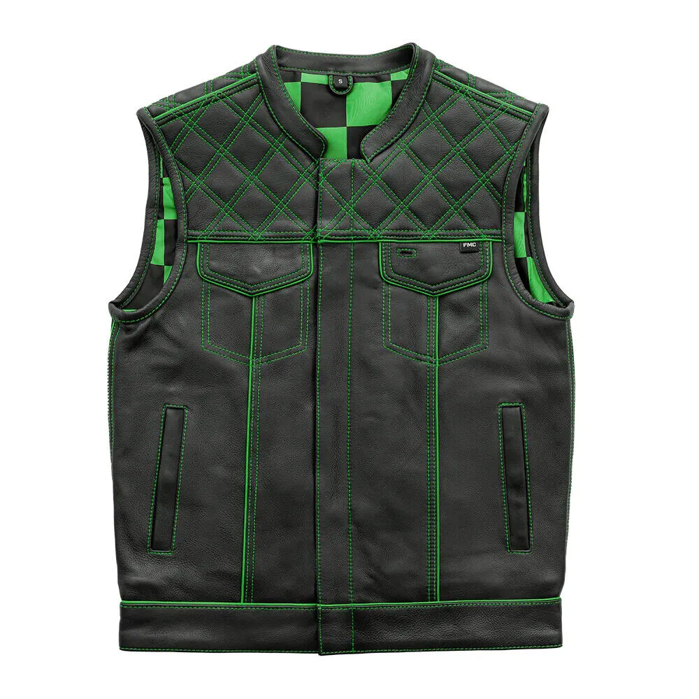 GREEN M042 Green Checker - Men's Motorcycle Leather Vest