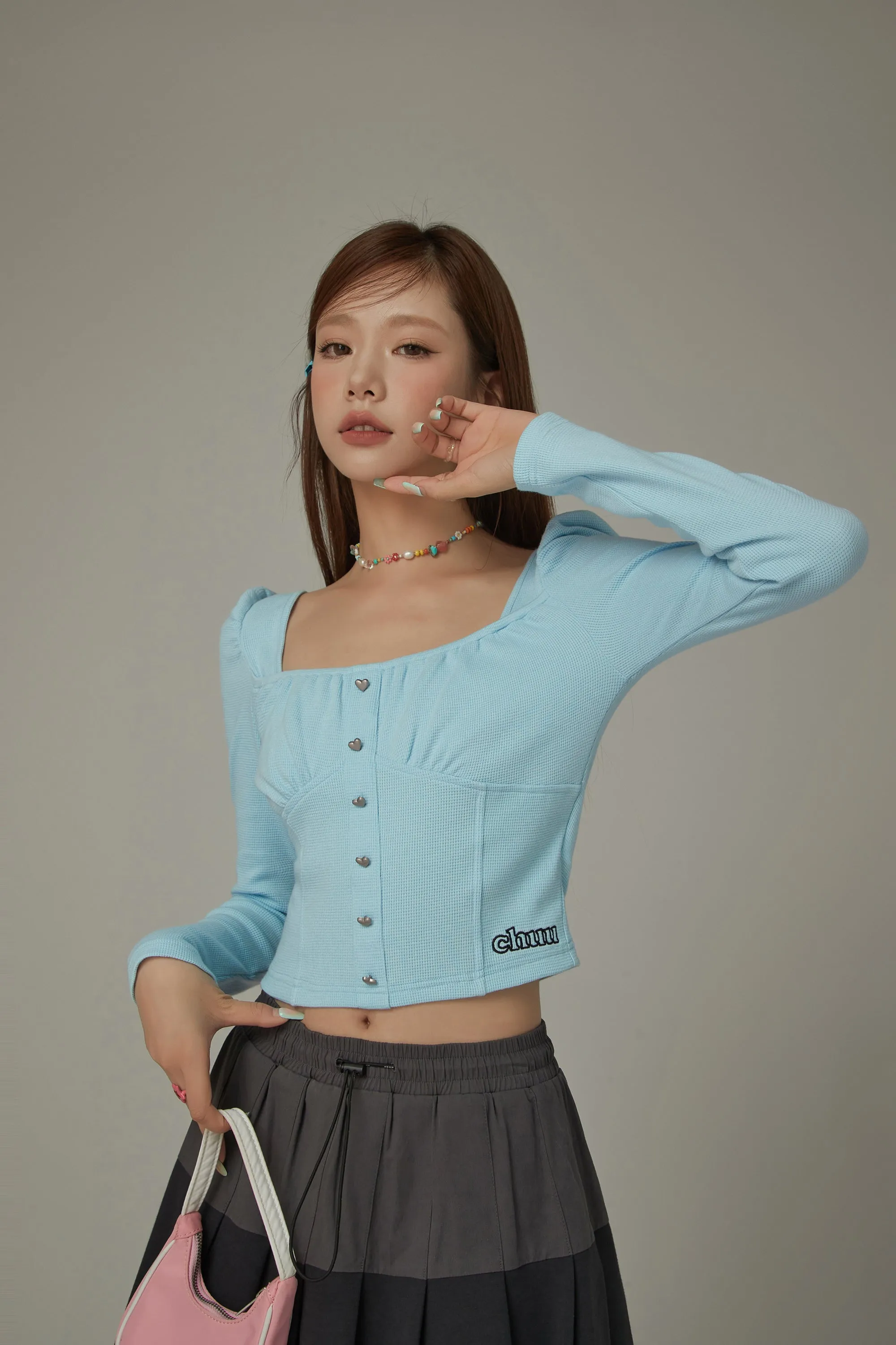 Heart Buttons Square Puff Sleeve Top