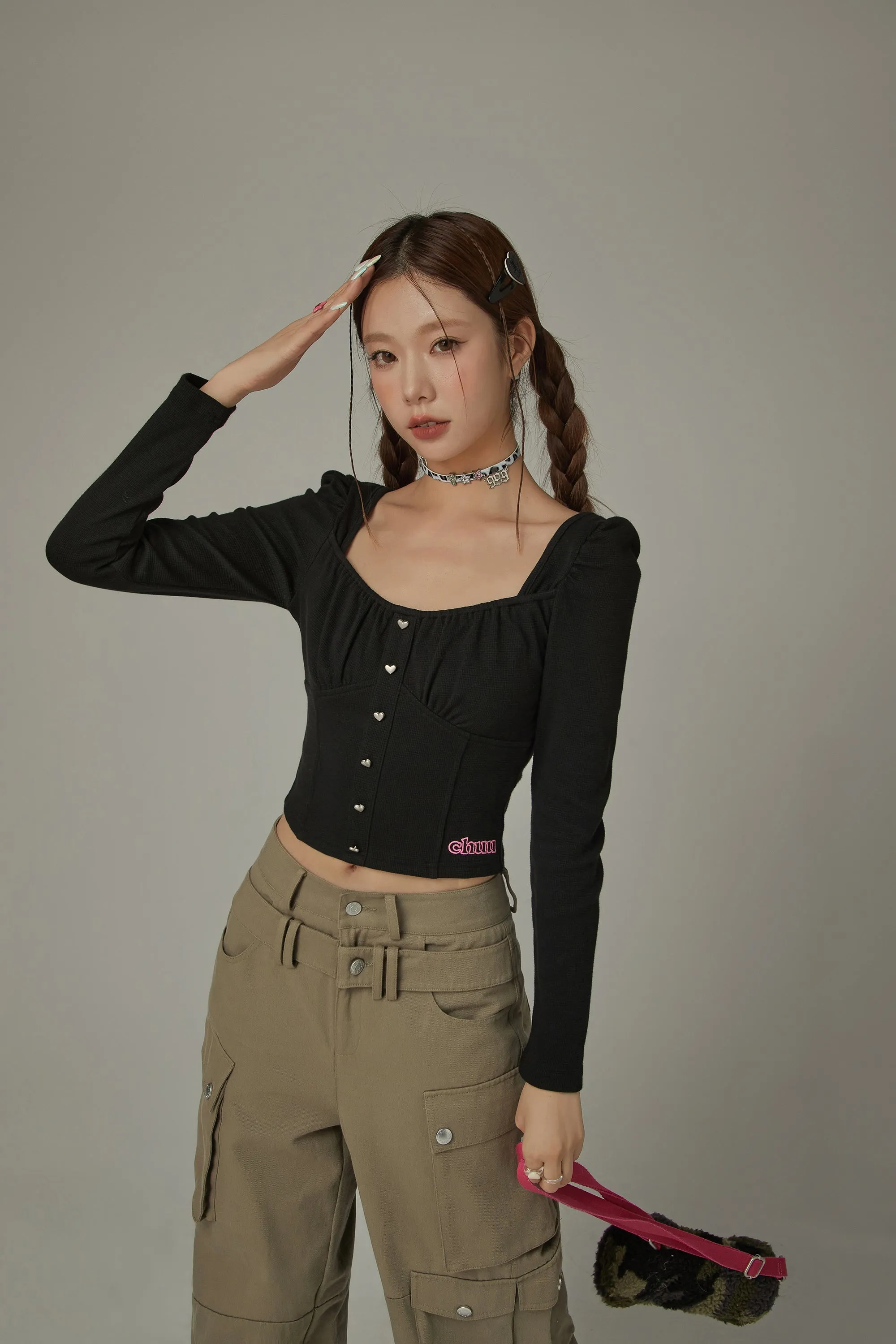 Heart Buttons Square Puff Sleeve Top