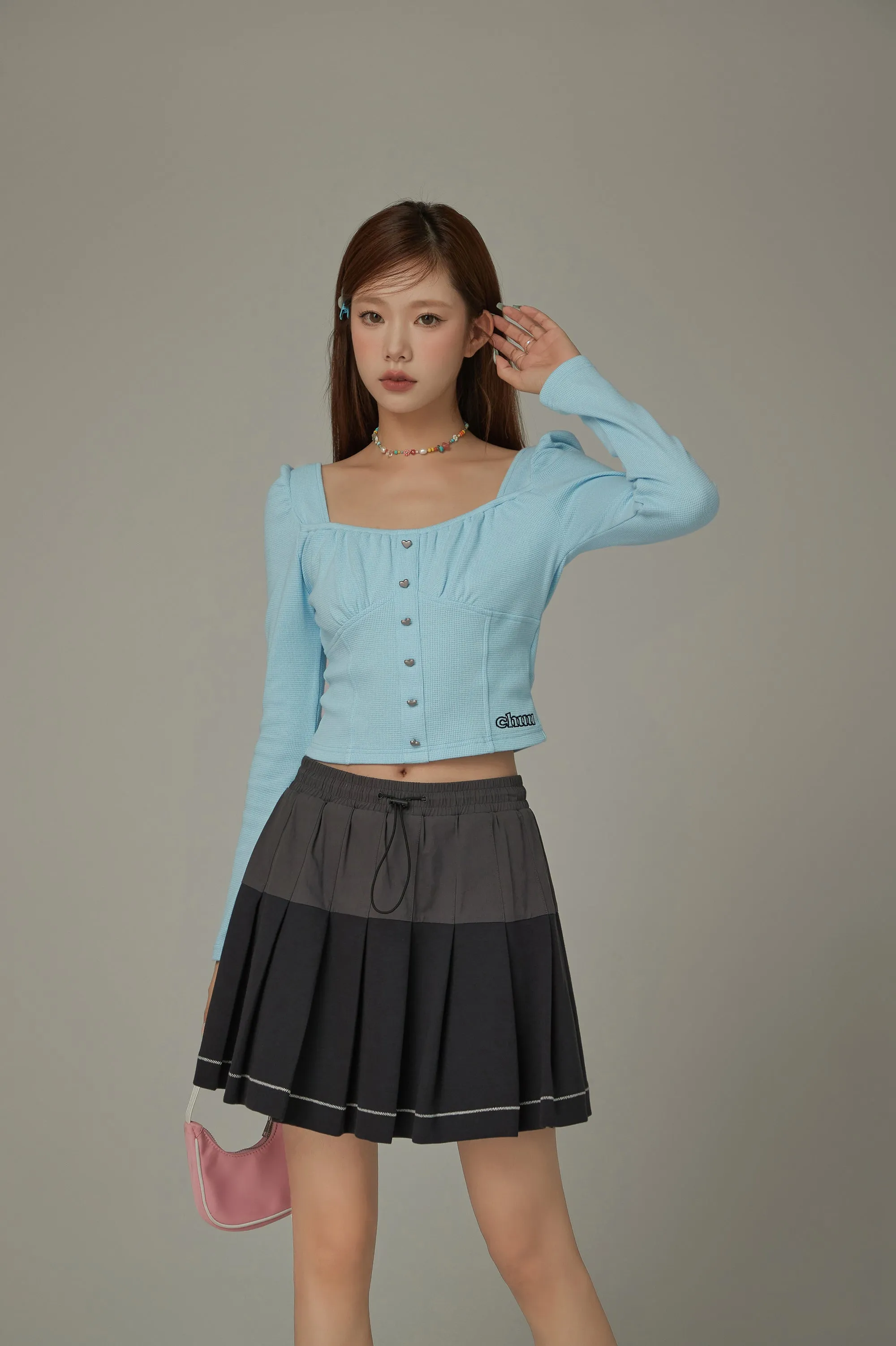 Heart Buttons Square Puff Sleeve Top