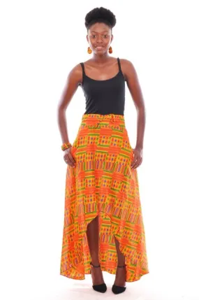 Kente-Print Ruffled High-Low Maxi Skirt-DP3227HL