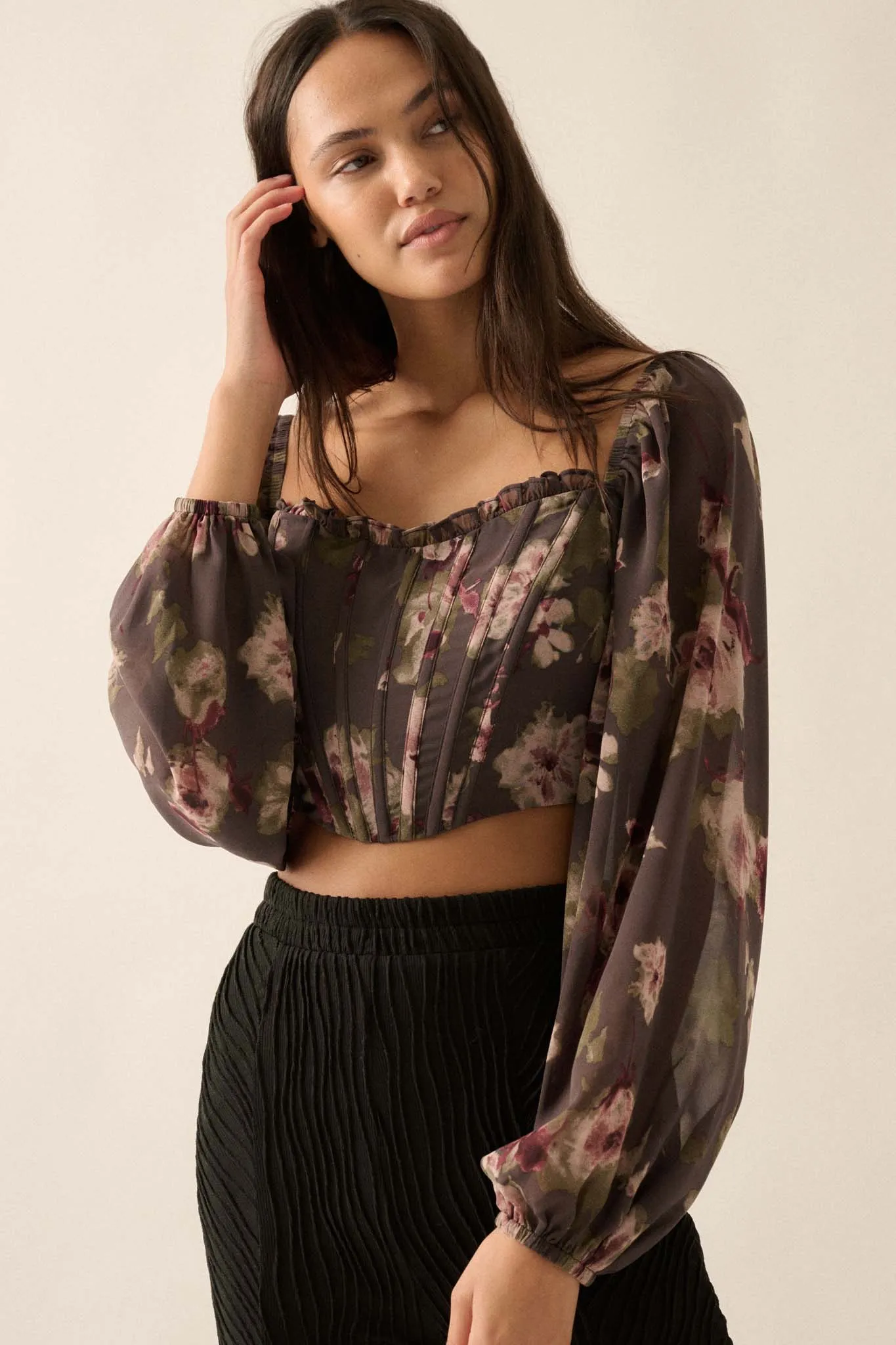 Love Is a Rose Floral Chiffon Cropped Corset Top