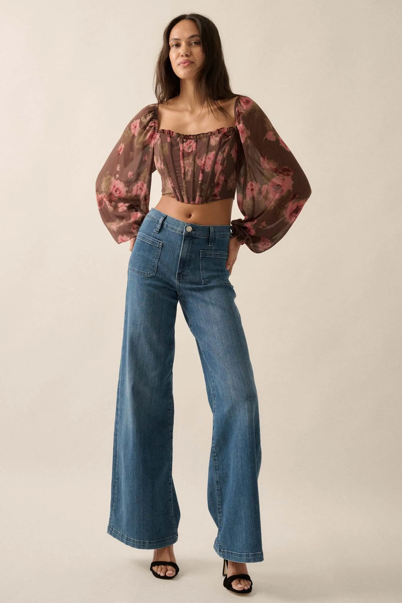 Love Is a Rose Floral Chiffon Cropped Corset Top