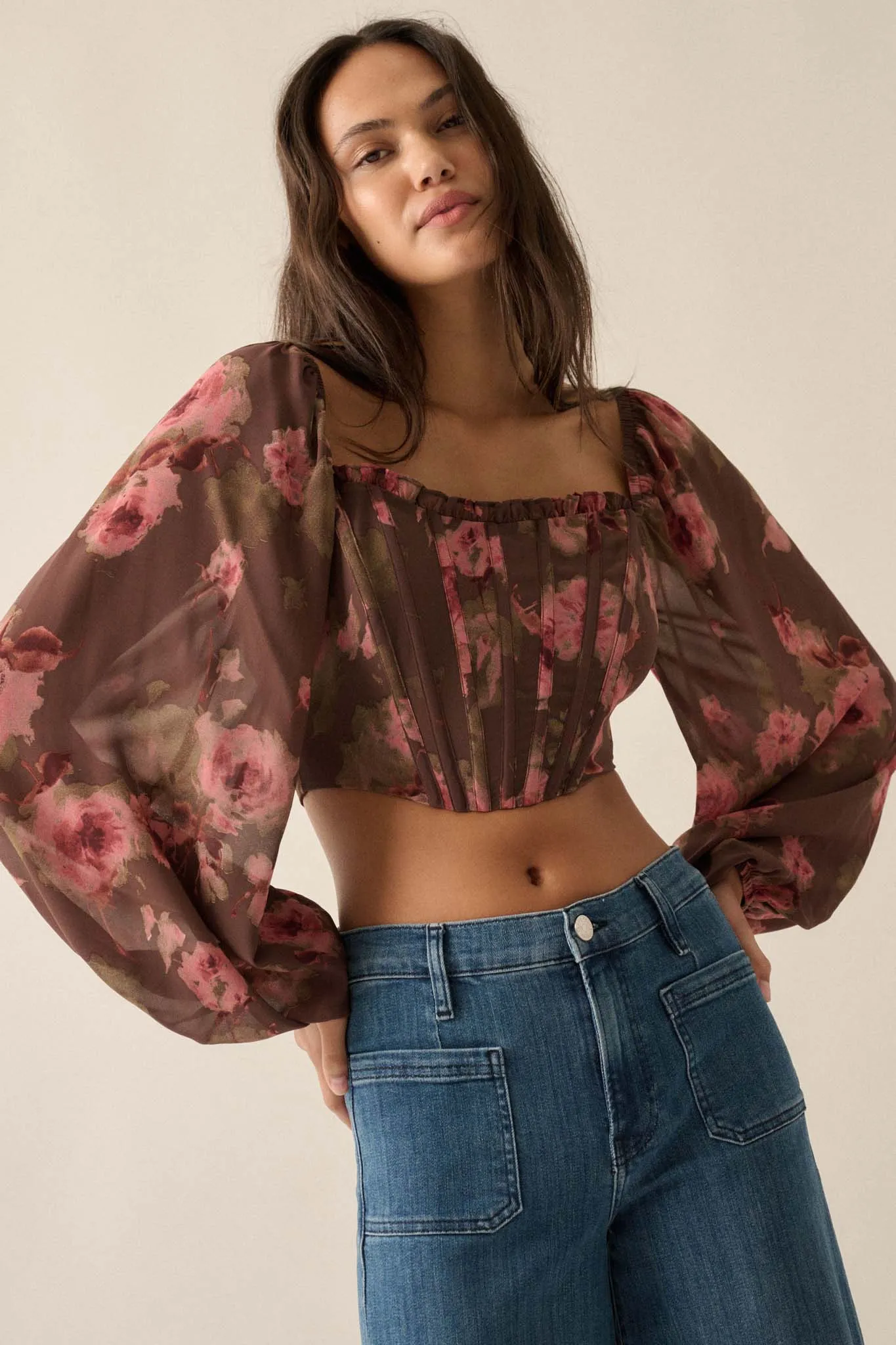 Love Is a Rose Floral Chiffon Cropped Corset Top