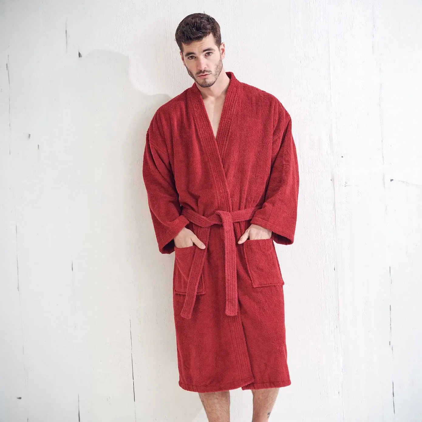 Men's Terry Cloth Cotton Turkish Bathrobe, Kimono Style, Luxurious & Comfortable, (Burgundy)