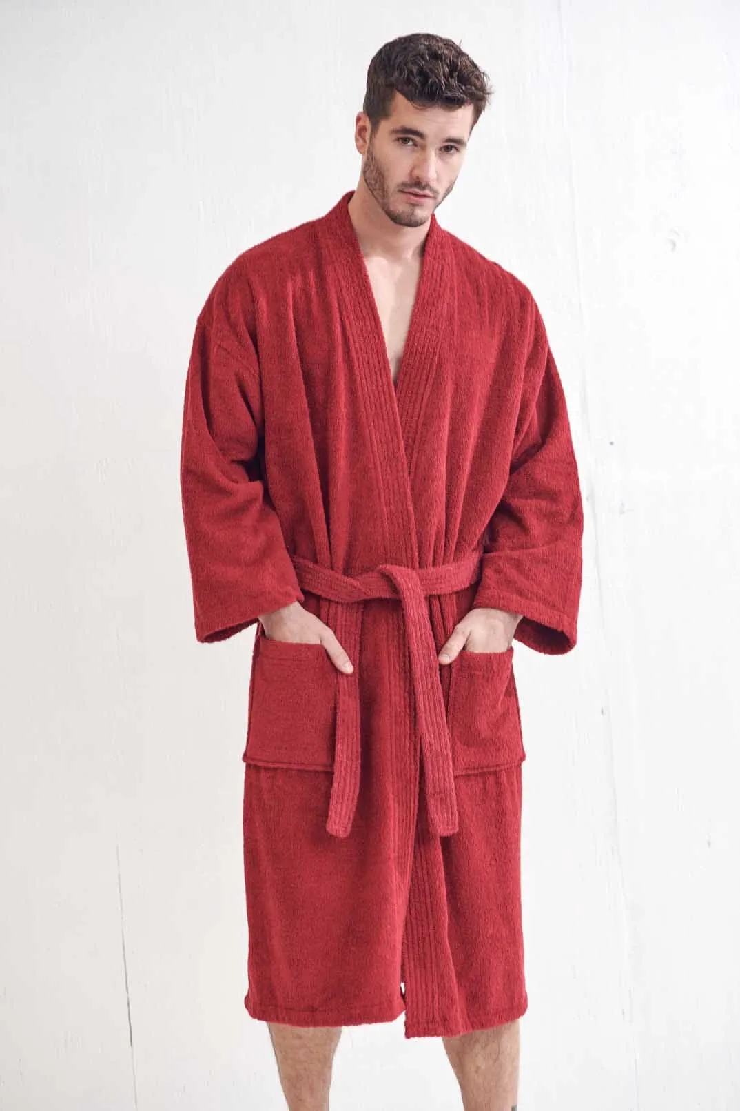 Men's Terry Cloth Cotton Turkish Bathrobe, Kimono Style, Luxurious & Comfortable, (Burgundy)