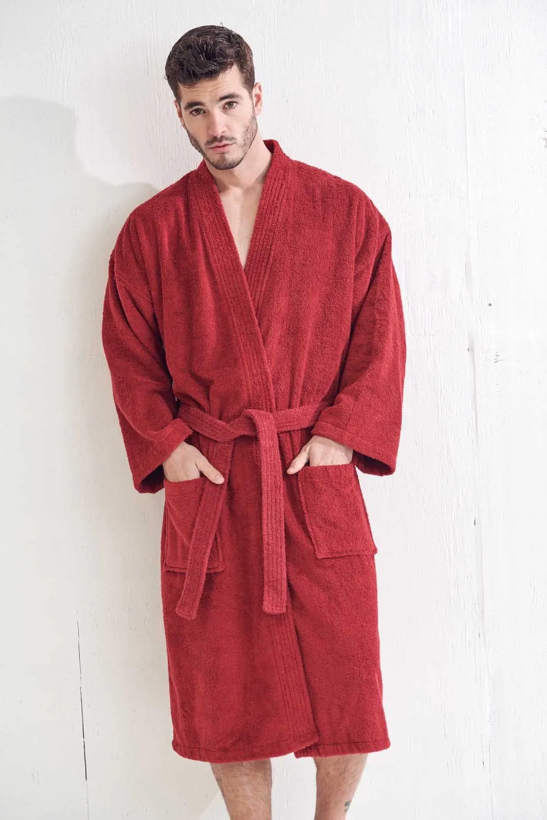 Men's Terry Cloth Cotton Turkish Bathrobe, Kimono Style, Luxurious & Comfortable, (Burgundy)