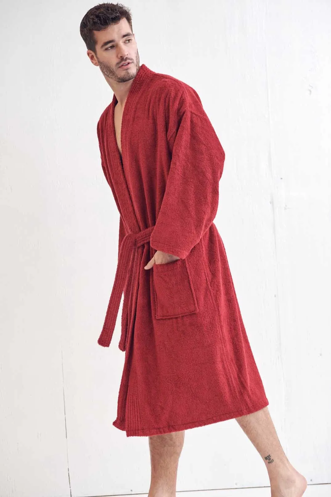 Men's Terry Cloth Cotton Turkish Bathrobe, Kimono Style, Luxurious & Comfortable, (Burgundy)