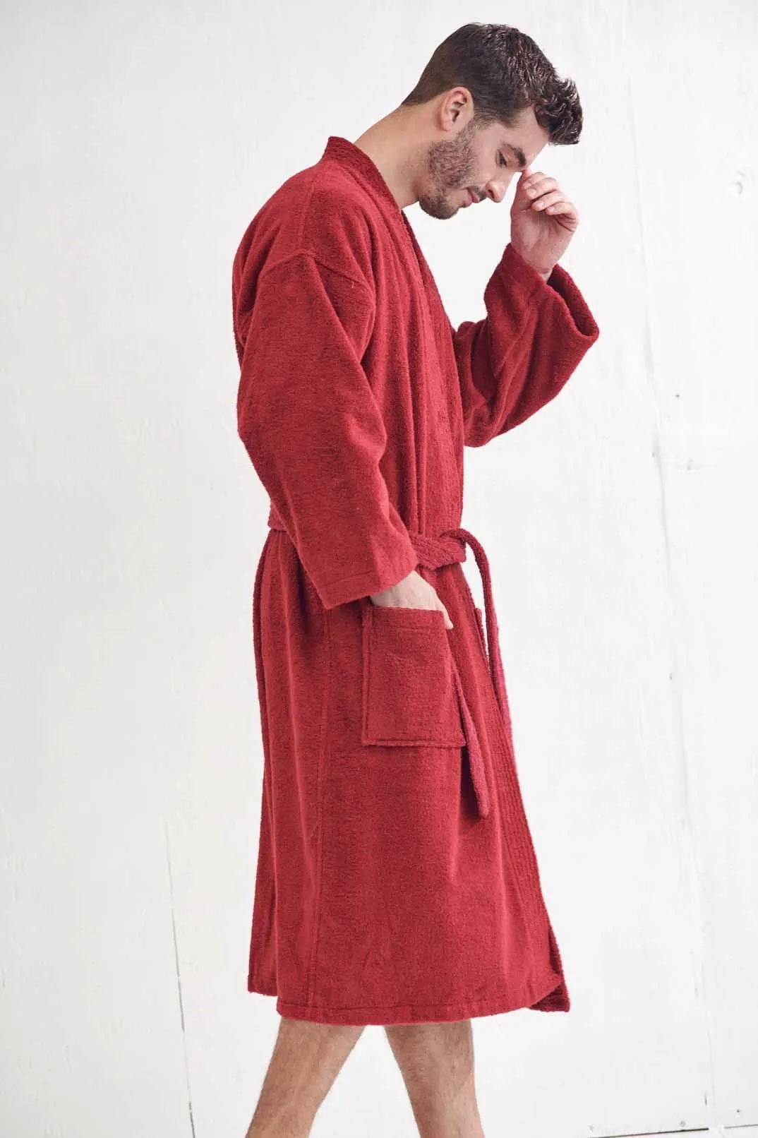 Men's Terry Cloth Cotton Turkish Bathrobe, Kimono Style, Luxurious & Comfortable, (Burgundy)