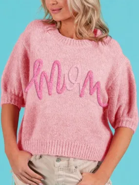 Metallic Letter Puff Sleeve Sweater - Mom