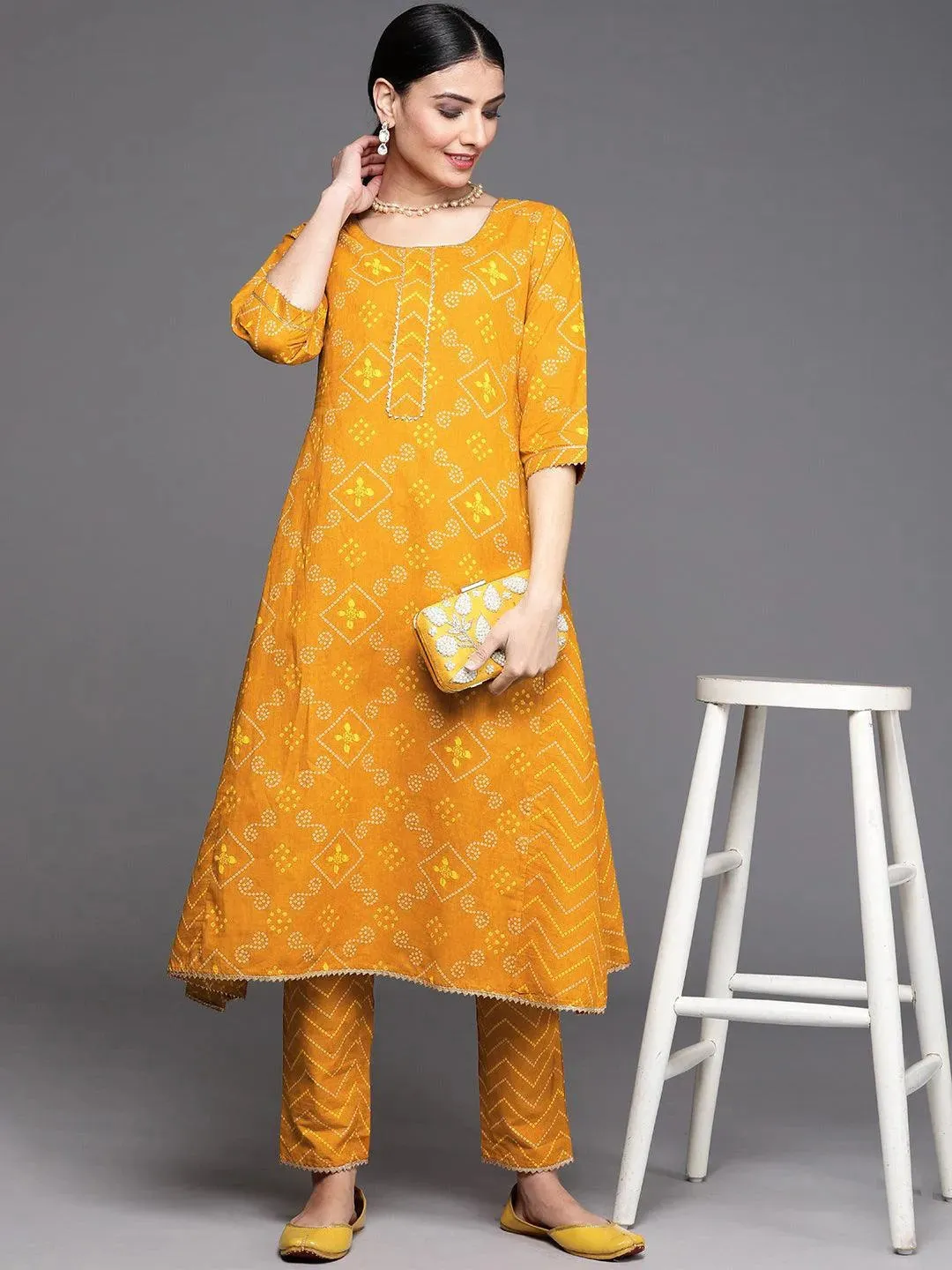 Mustard Printed Cotton Trousers