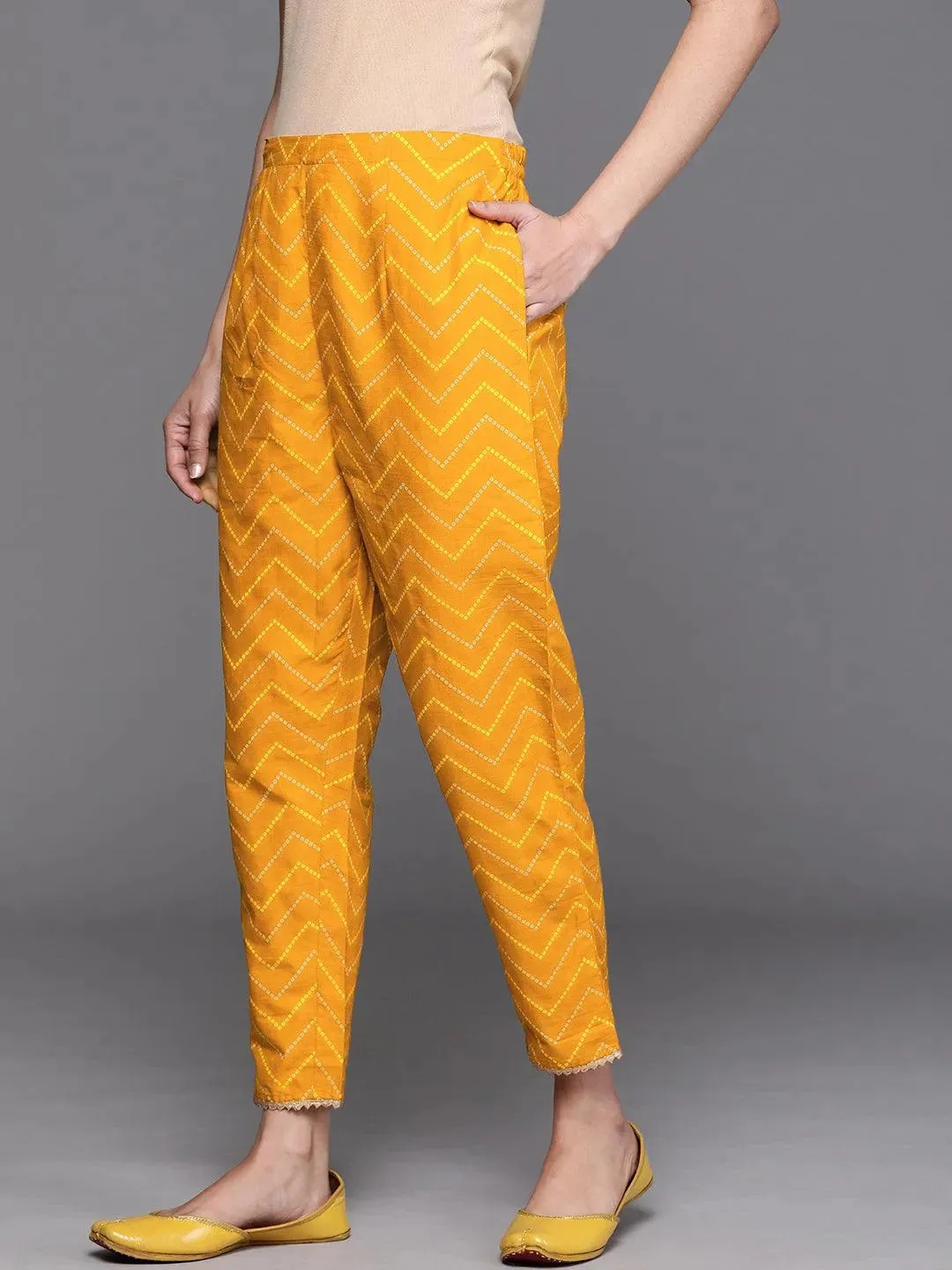 Mustard Printed Cotton Trousers