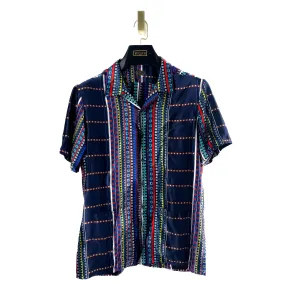 Navy Multicolor Asymmetrical Print Silk Shirt