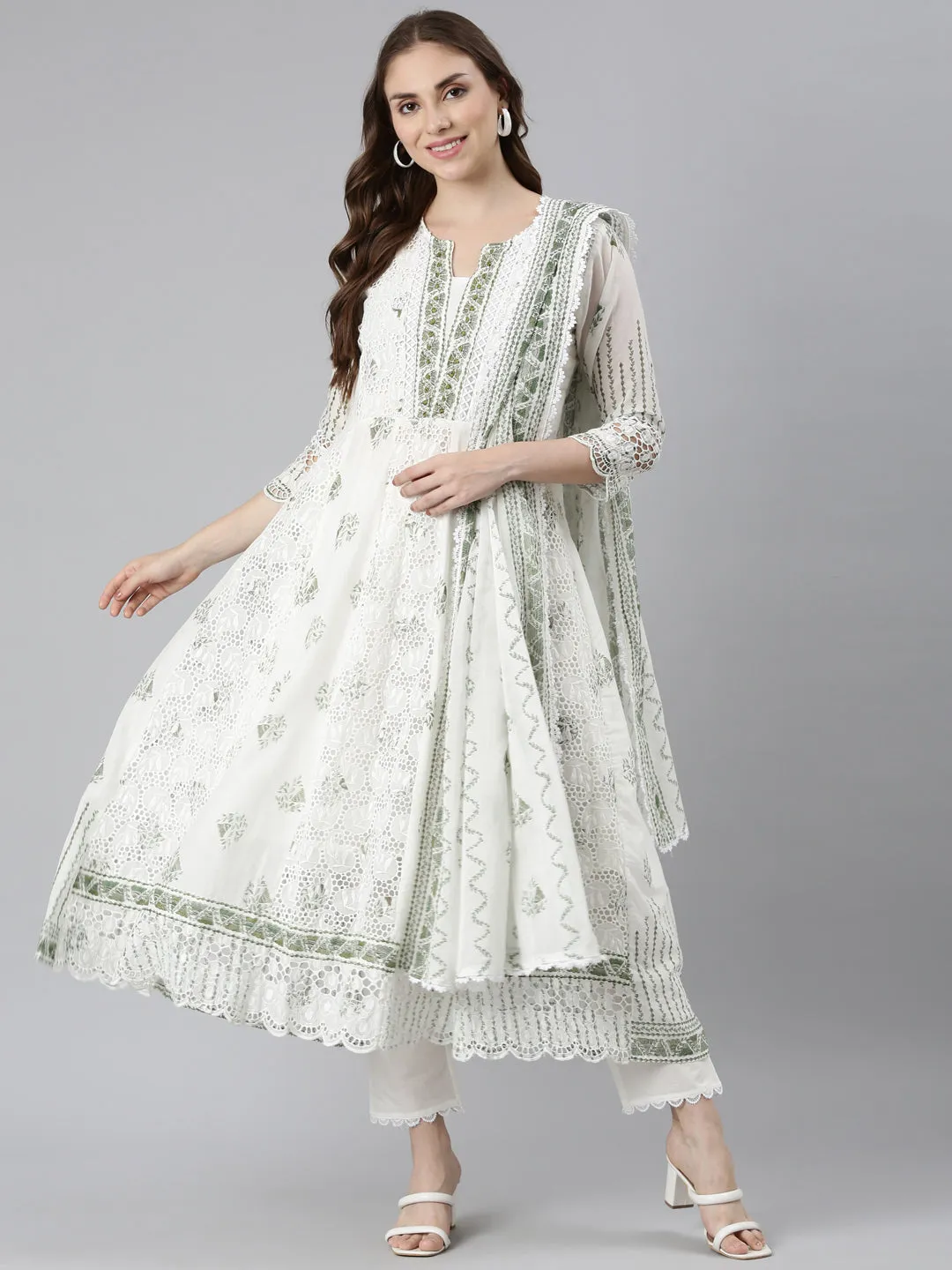 Neerus Green Panelled Curved Printed Kurta and Trousers With Dupatta