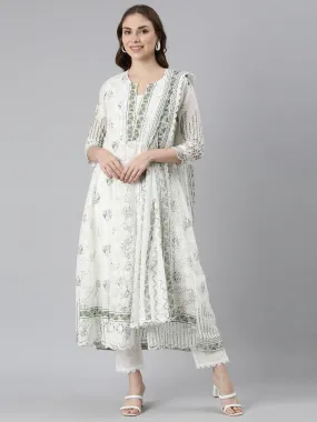 Neerus Green Panelled Curved Printed Kurta and Trousers With Dupatta