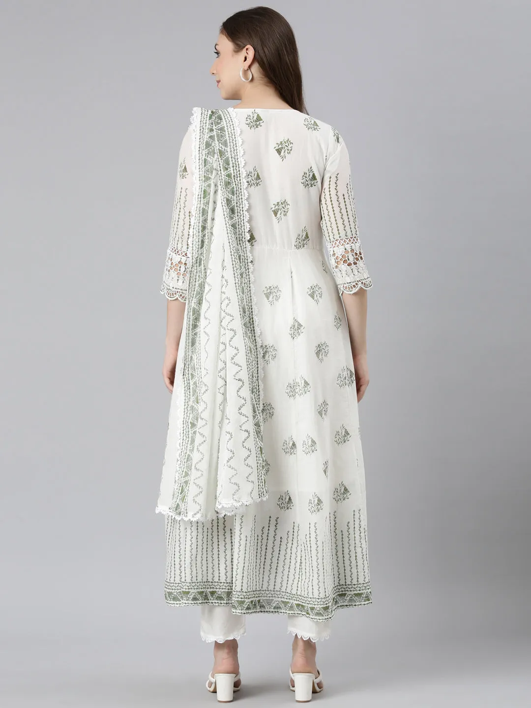 Neerus Green Panelled Curved Printed Kurta and Trousers With Dupatta