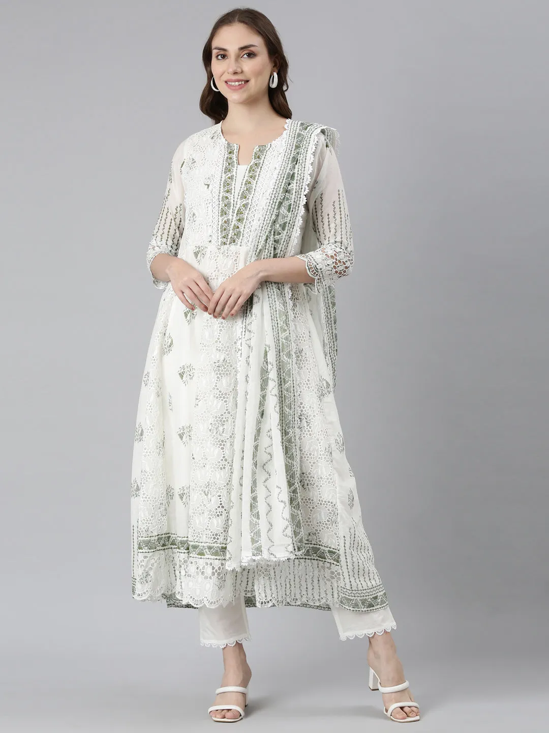 Neerus Green Panelled Curved Printed Kurta and Trousers With Dupatta