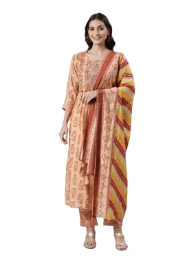 Neeru's Peach Regular Calf Length Printed Kurta Solid Trousers With Dupatta