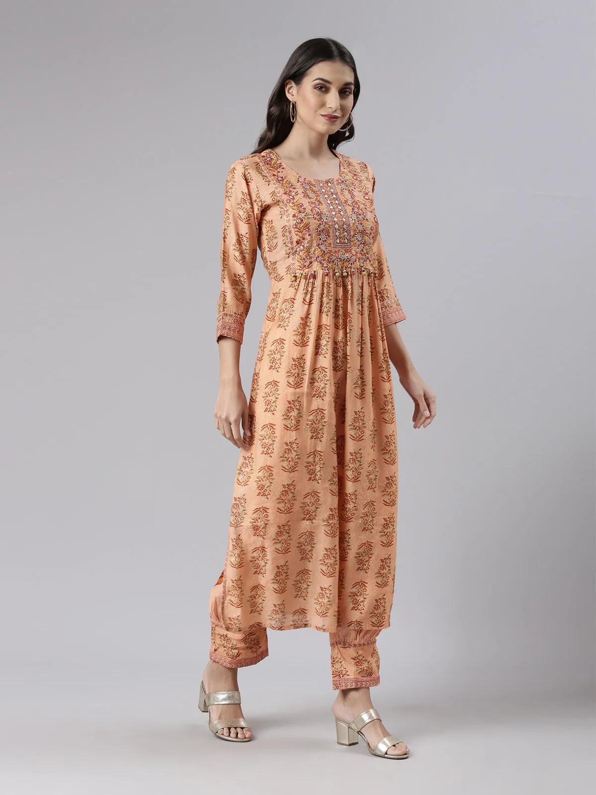 Neeru's Peach Regular Calf Length Printed Kurta Solid Trousers With Dupatta