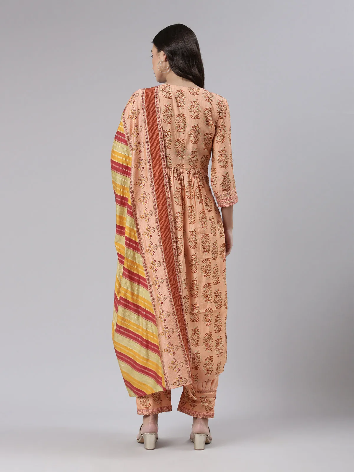 Neeru's Peach Regular Calf Length Printed Kurta Solid Trousers With Dupatta