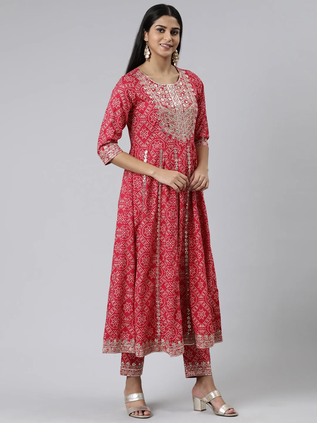 Neeru's Pink Regular Calf Length Printed Kurta Printed Trousers With Dupatta