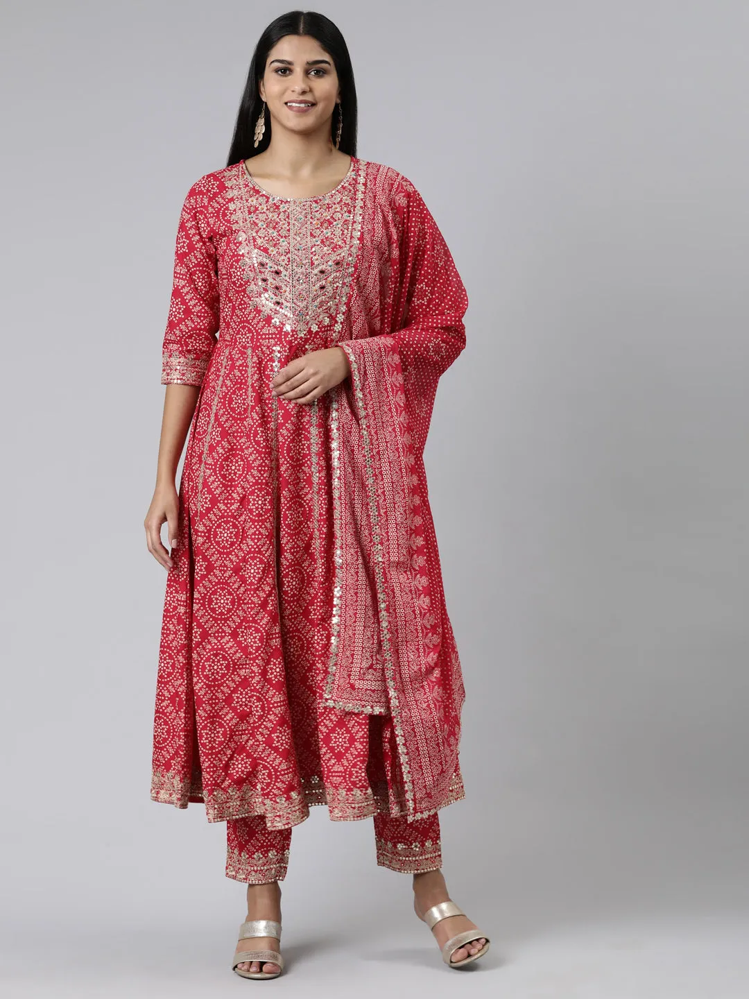 Neeru's Pink Regular Calf Length Printed Kurta Printed Trousers With Dupatta