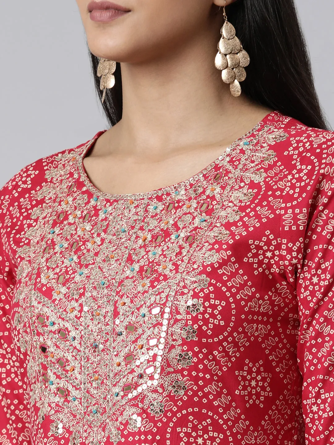 Neeru's Pink Regular Calf Length Printed Kurta Printed Trousers With Dupatta