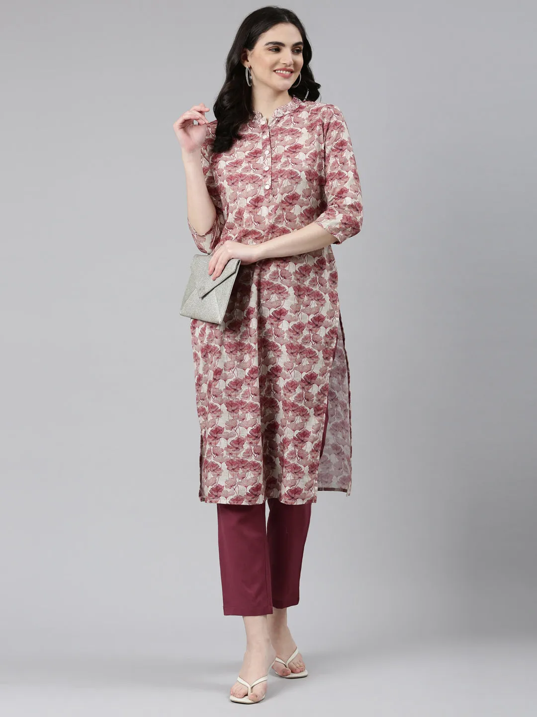 Neeru's Pink Regular Straight Printed Kurta And Trousers