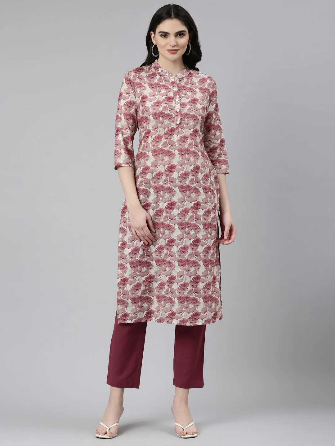 Neeru's Pink Regular Straight Printed Kurta And Trousers