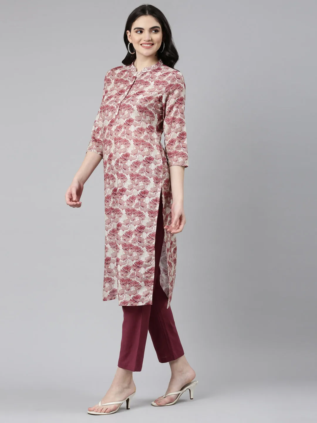 Neeru's Pink Regular Straight Printed Kurta And Trousers