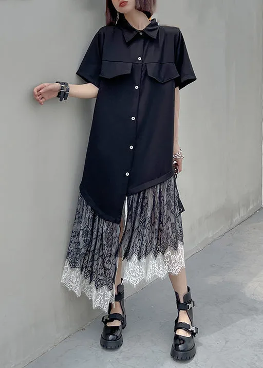 New Black Asymmetrical Button Lace Patchwork Shirts Long Dresses Summer LY9561