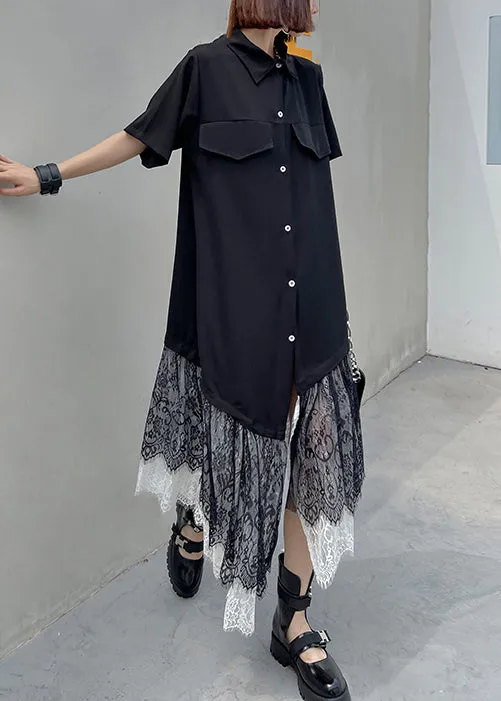 New Black Asymmetrical Button Lace Patchwork Shirts Long Dresses Summer LY9561