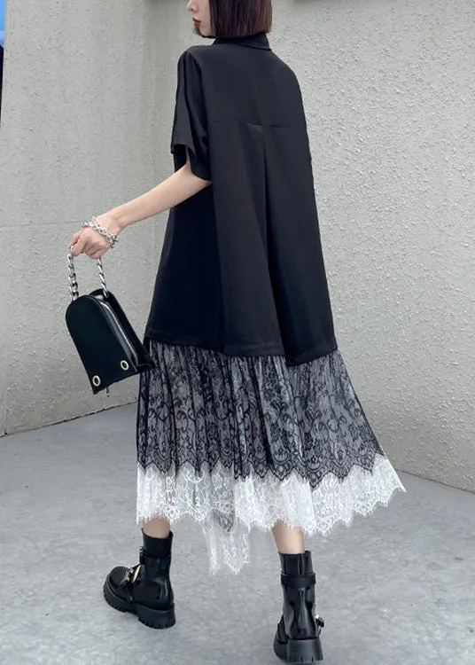 New Black Asymmetrical Button Lace Patchwork Shirts Long Dresses Summer LY9561