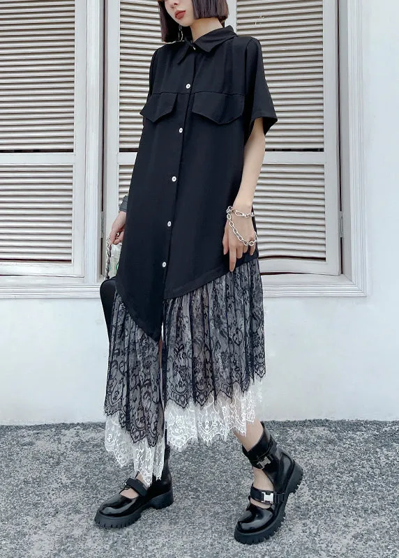 New Black Asymmetrical Button Lace Patchwork Shirts Long Dresses Summer LY9561