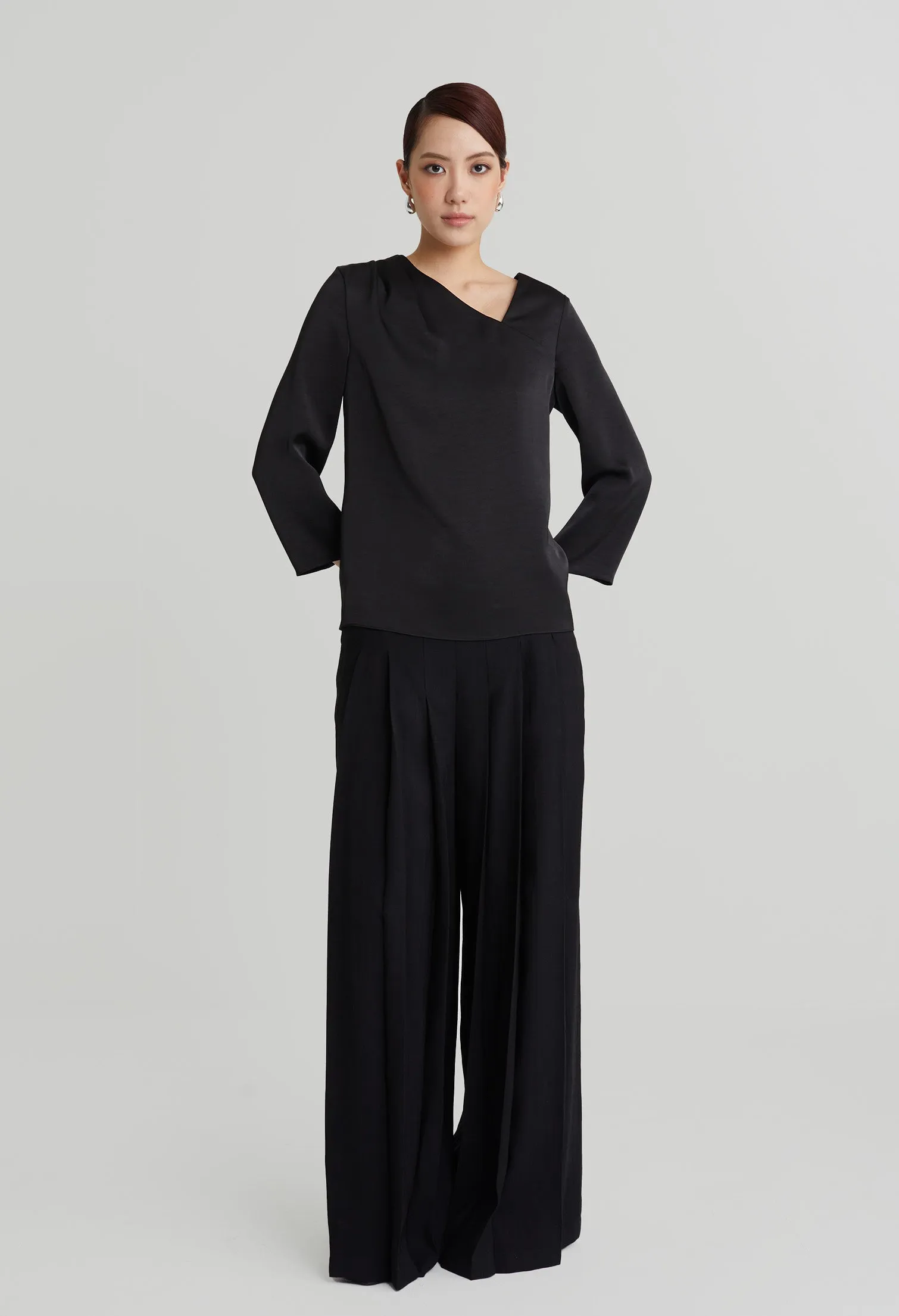 nichii X NURITA HARITH Poise Silk Asymmetrical Collared Top