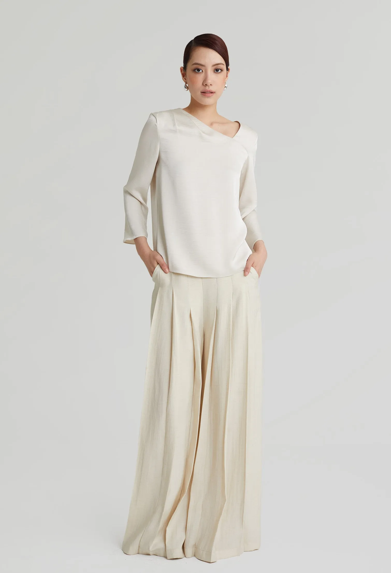 nichii X NURITA HARITH Poise Silk Asymmetrical Collared Top