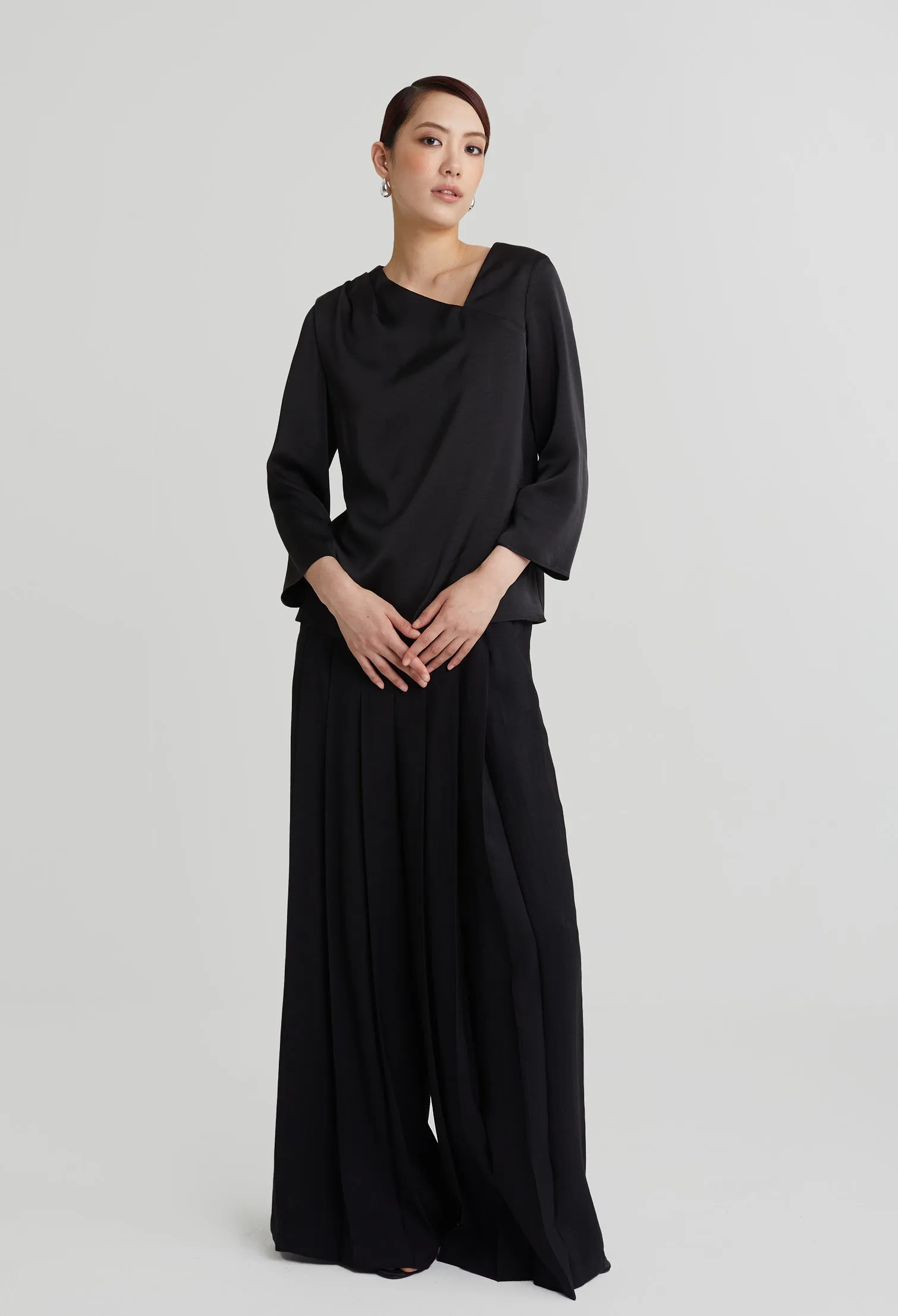 nichii X NURITA HARITH Poise Silk Asymmetrical Collared Top