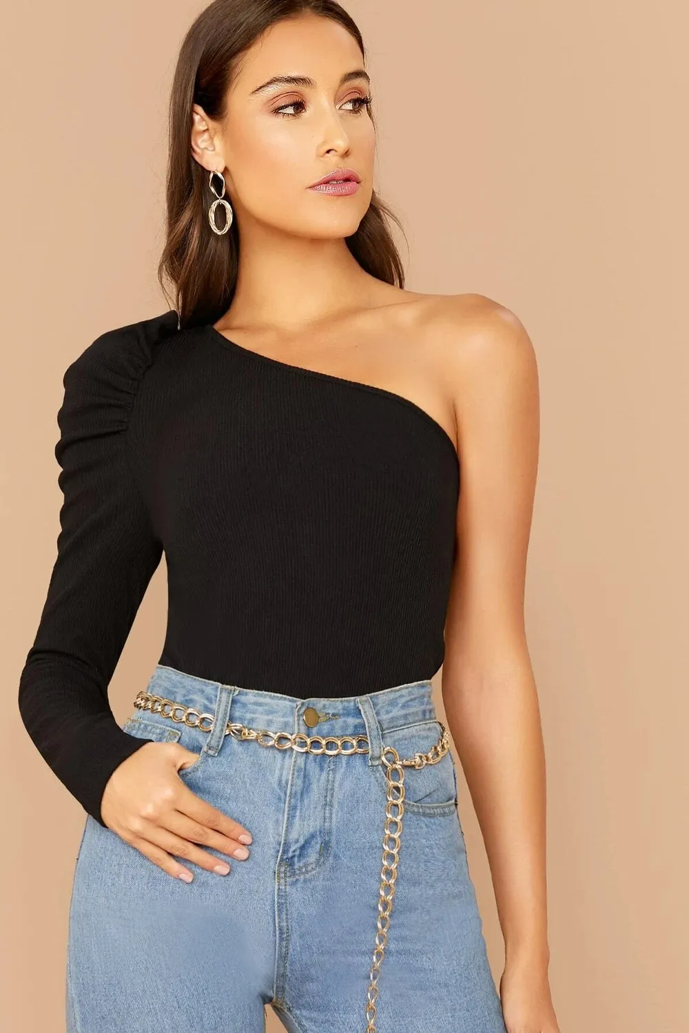 One Shoulder Puff Top Black