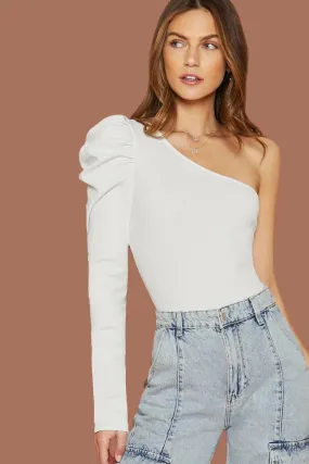 One Shoulder Puff Top White