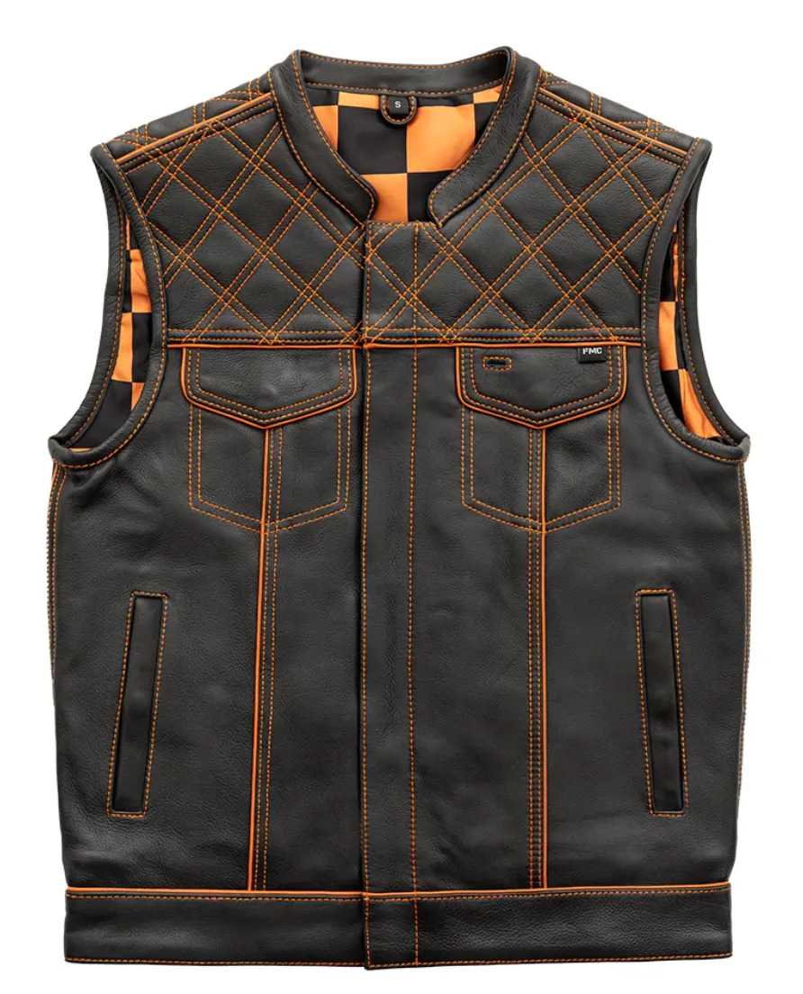 ORANGE HL11693SPTORANGE  Black Men Cross Stitch Club Leather Vest