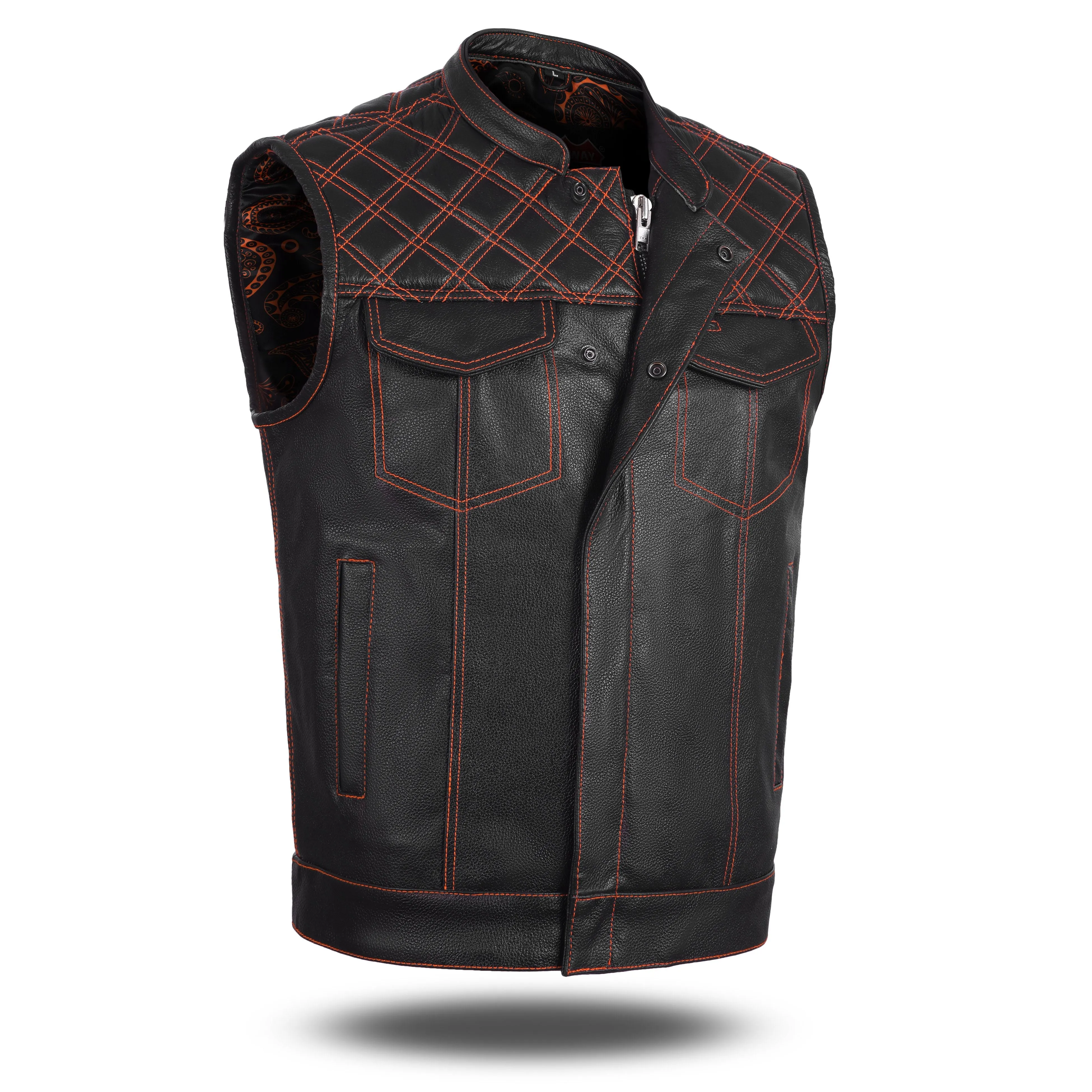 ORANGE HL11693SPTORANGE  Black Men Cross Stitch Club Leather Vest