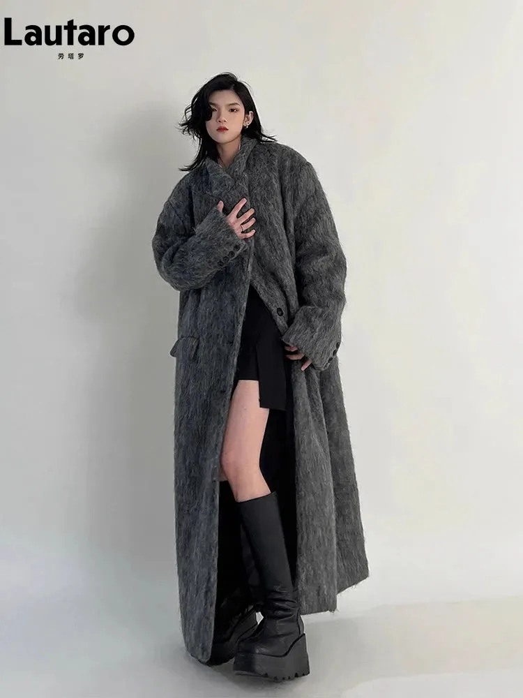 Oversized Extra Long Casual Warm Grey Woolen Fluffy Coat